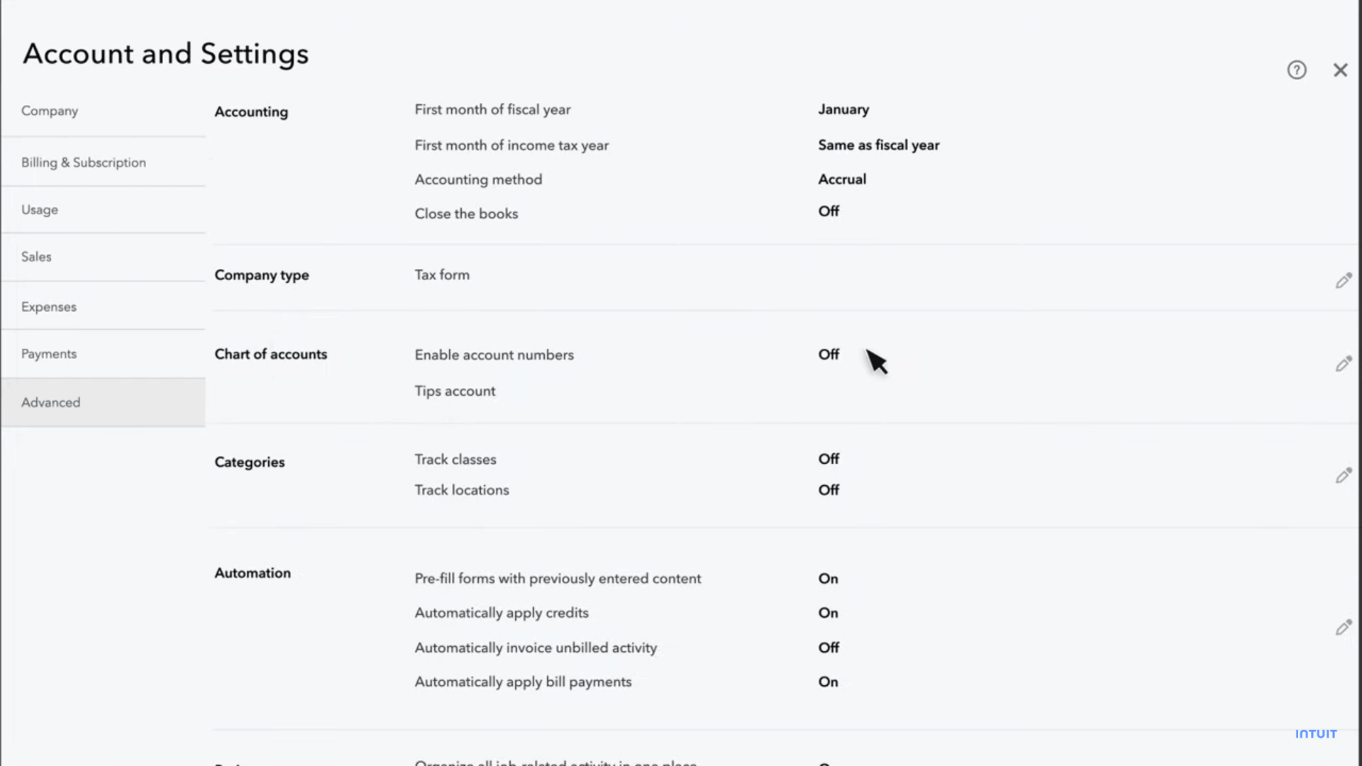 QuickBooks Online: account settings