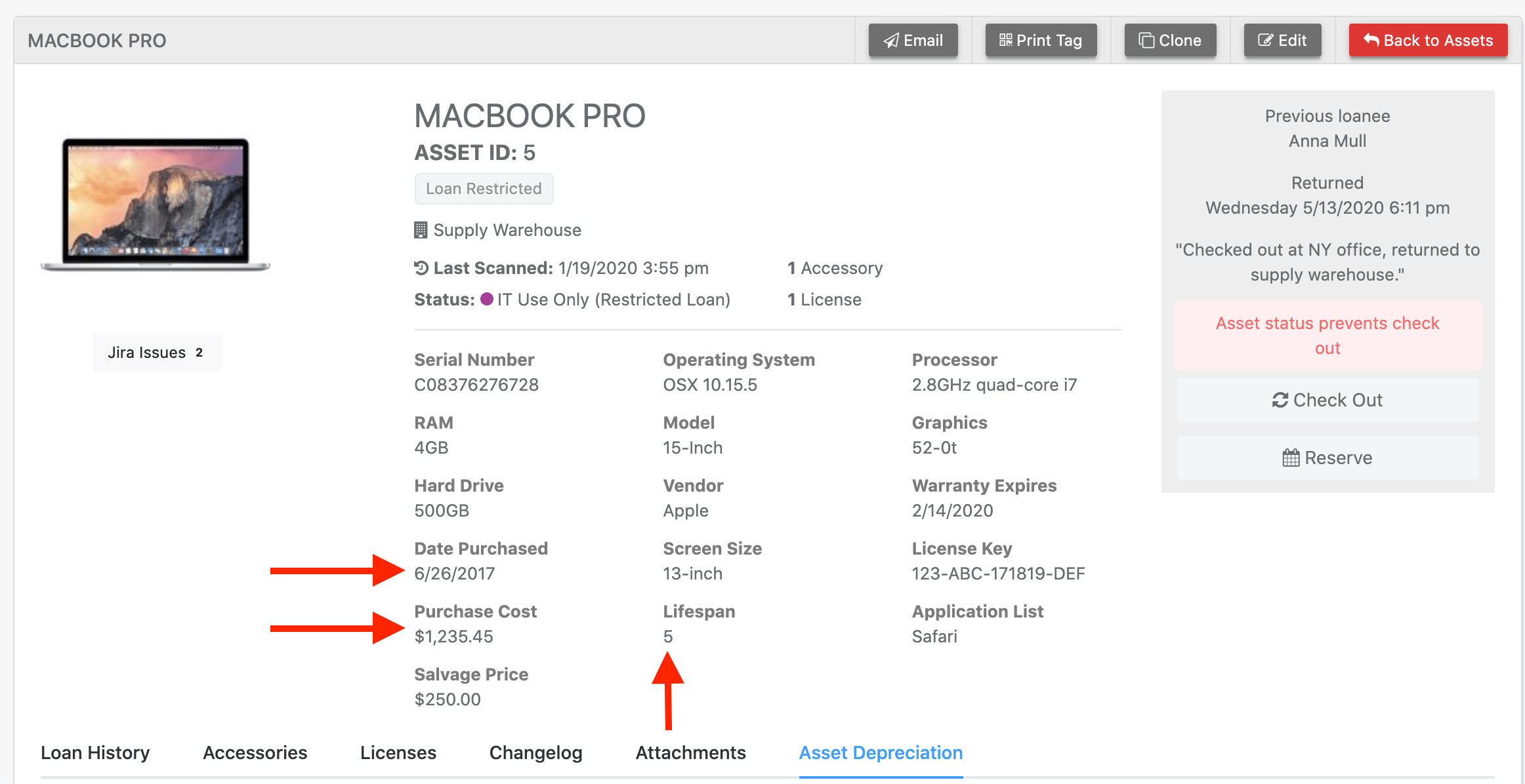 Reftab asset tracking: Showing depreciation