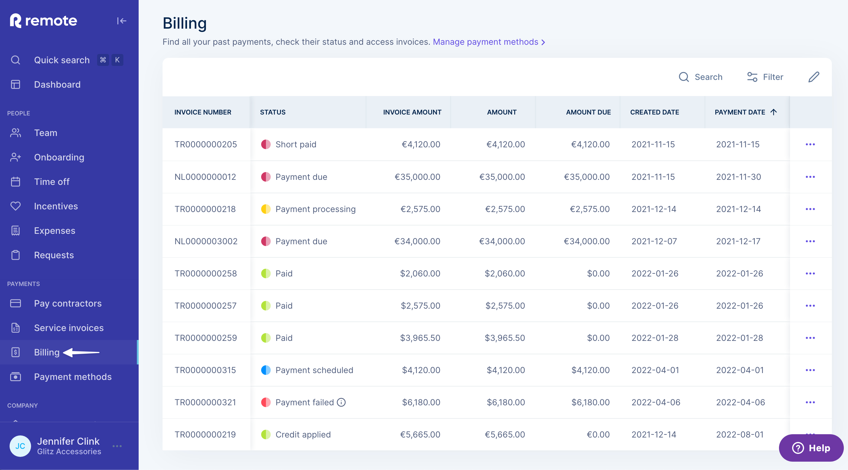 Remote: Billing tab