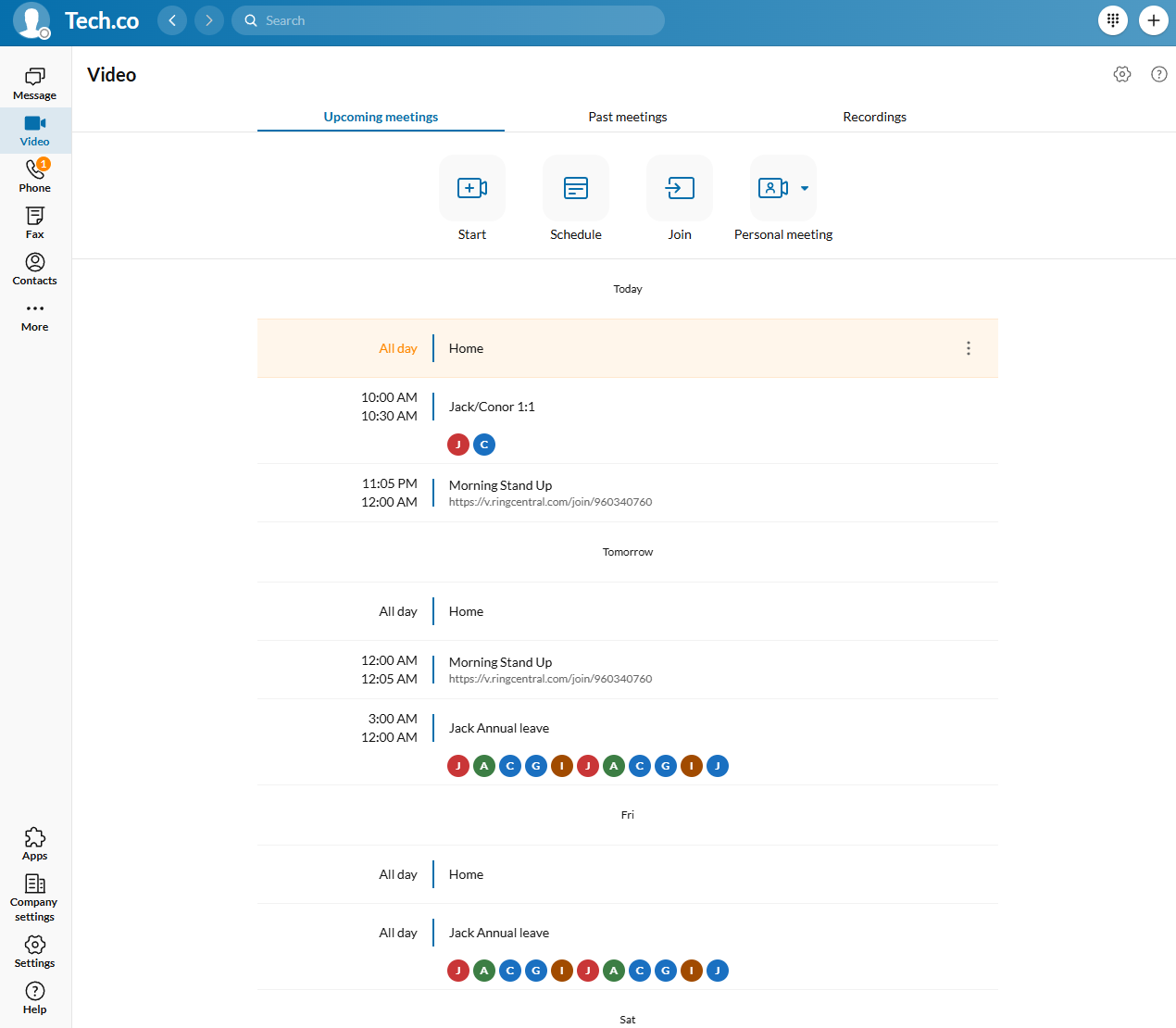 RingCentral Upcoming Meetings