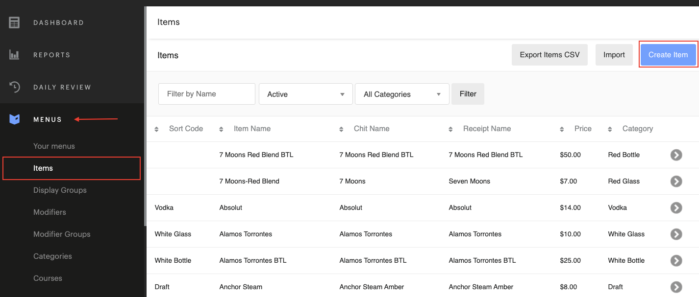 Lightspeed U Series menu management features let you bulk upload items by their CSV