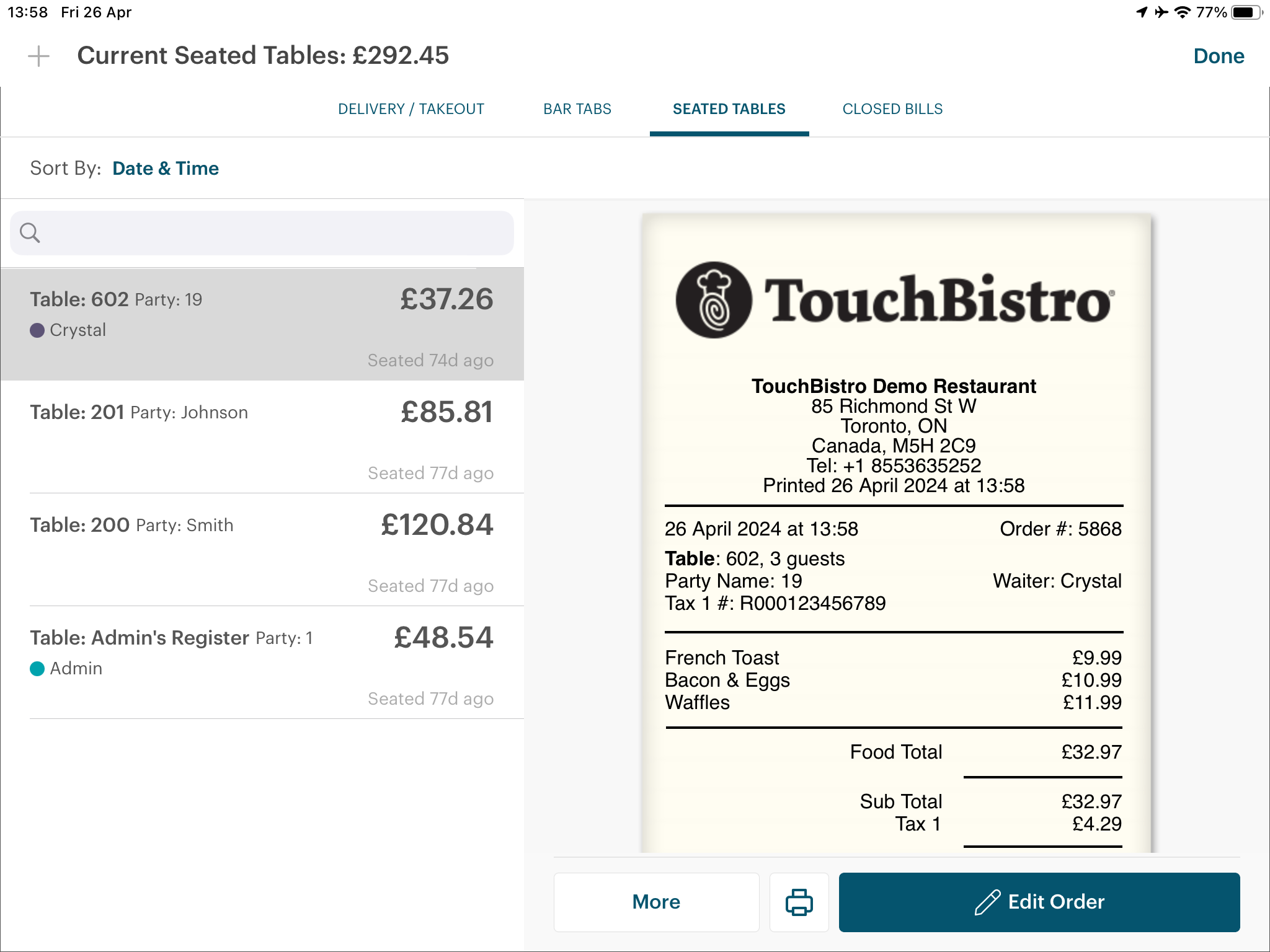 TouchBistro payment screen