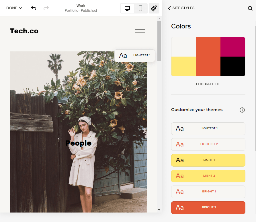 Squarespace color editing palette