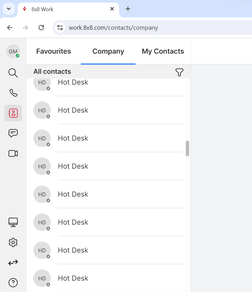 Image of the contact list on 8x8 desktop