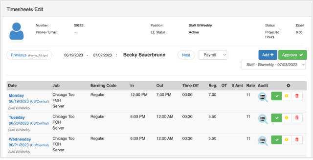 You can use Toast's Payroll Time Sheet Edit to add and approve staff