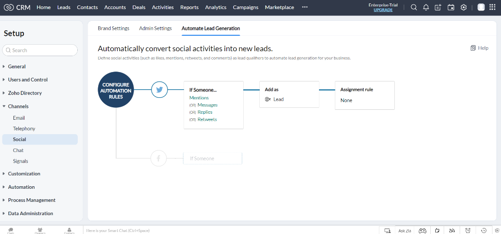 Configuring social media lead automations In Zoho CRM. Source: Tech.co