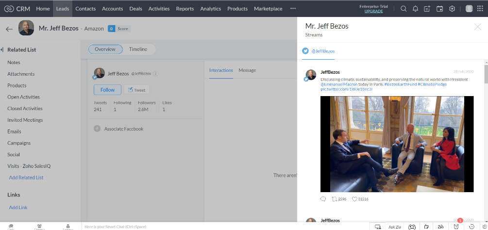 Adding a social media profile in Zoho CRM. Source: Tech.co