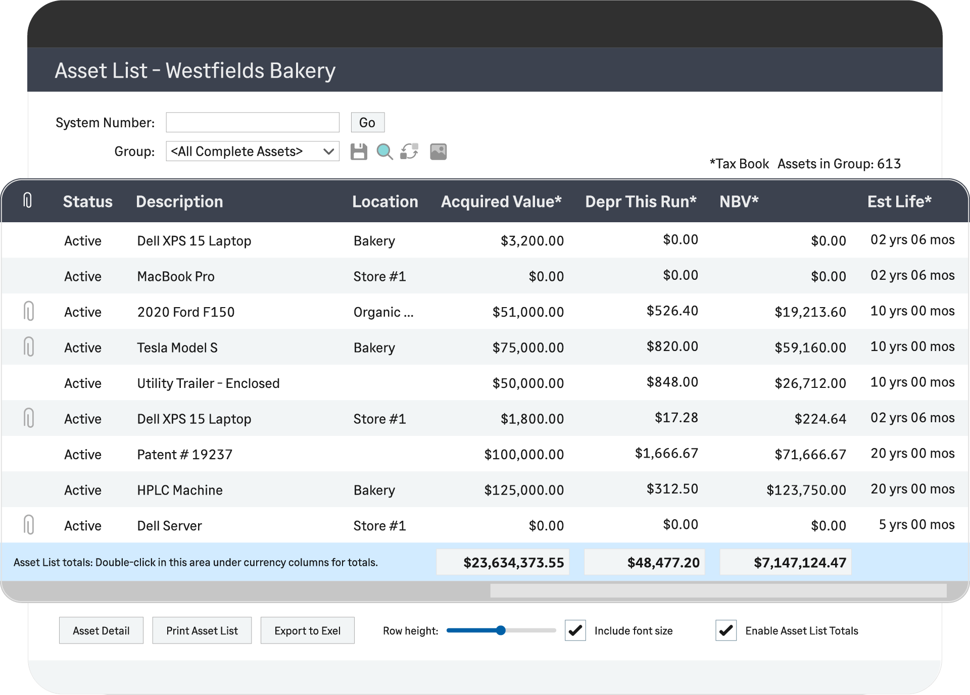 Sage Fixed Assets: asset list