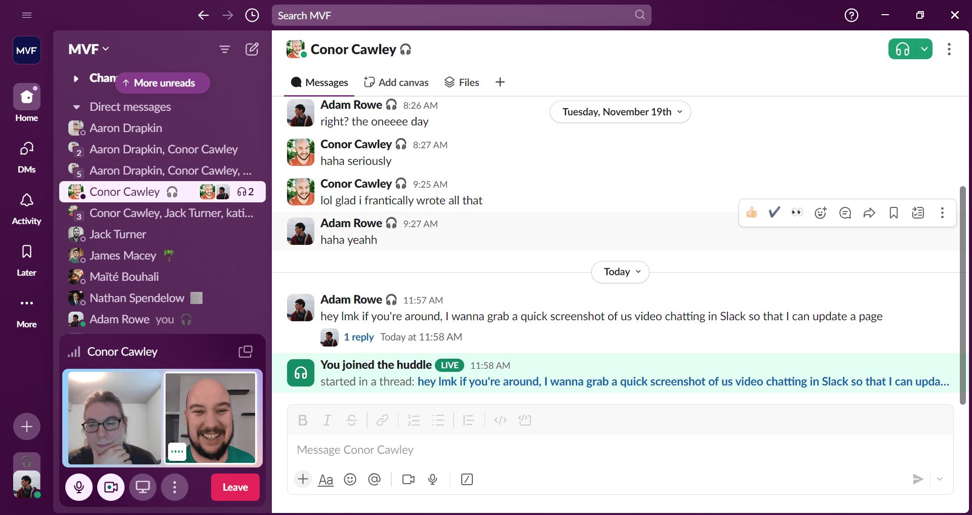 A "huddle" video chat between coworkers on Slack.