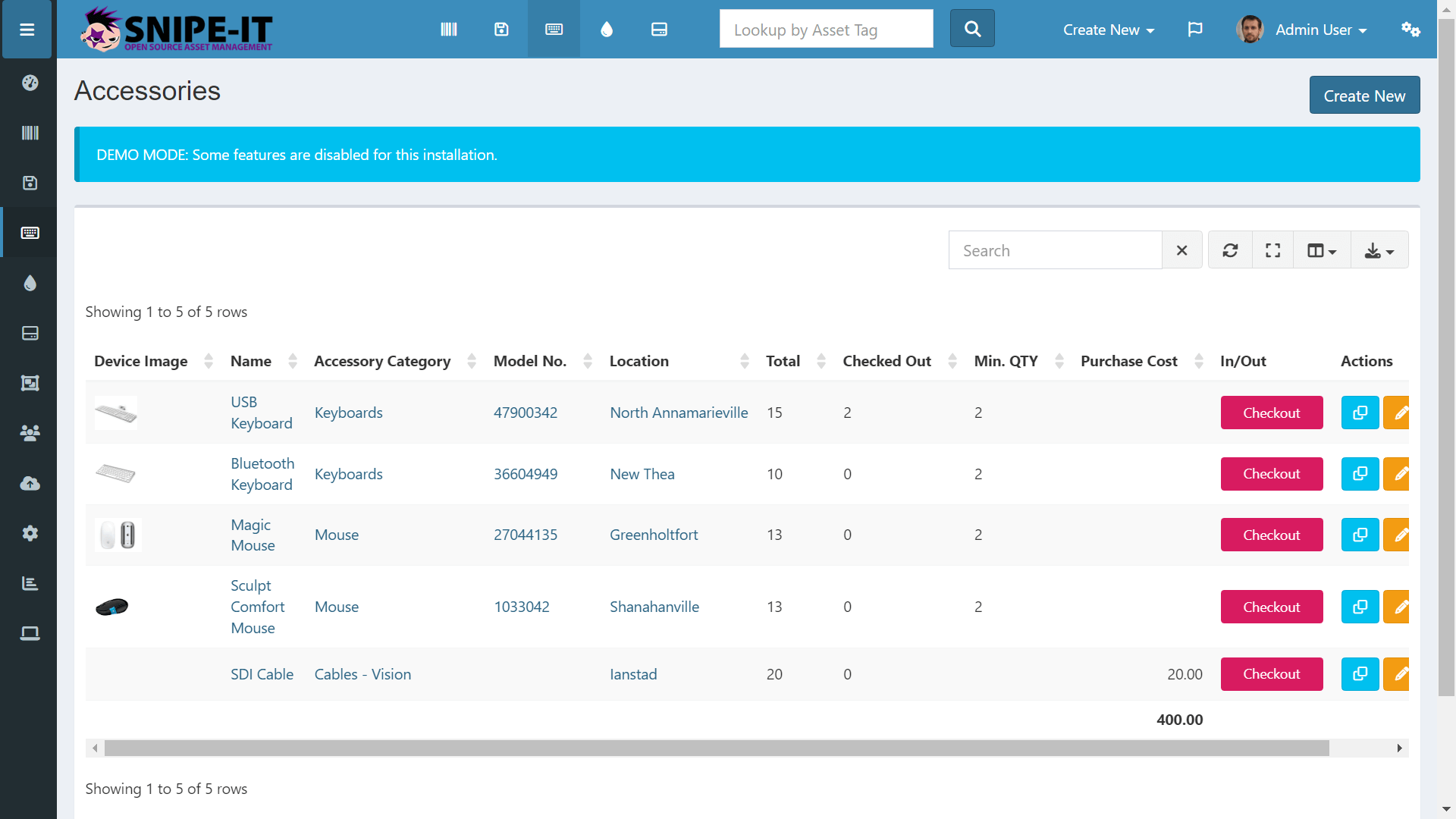 Snipe-IT's interface lists accessories. Source: Tech.co's testing