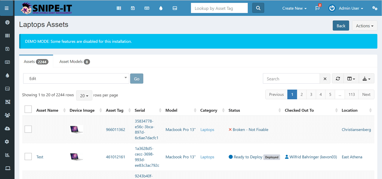 Snipe-IT's software lets users view any group of assets. Here, a list of laptop assets is viewable.