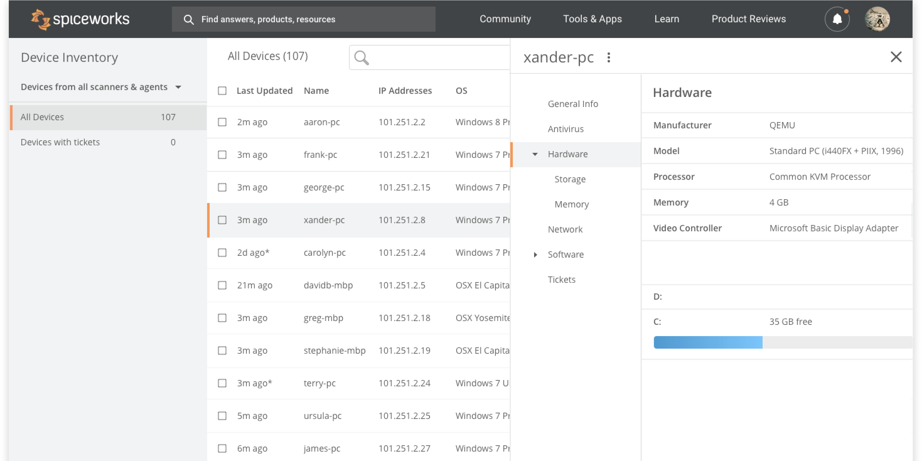 Screenshot of Spiceworks asset tracking inventory feature