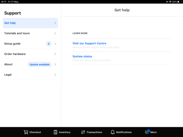 Square POS interface offers help and support