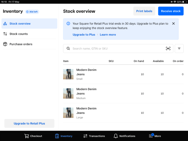 The Square POS's front-end view of inventory