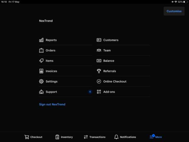 The Square POS menu, as viewed on the front end.