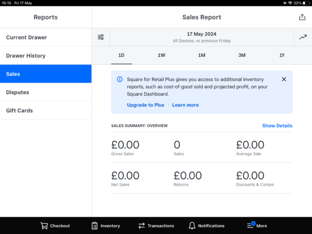 The Square POS includes reports like this sales summary.