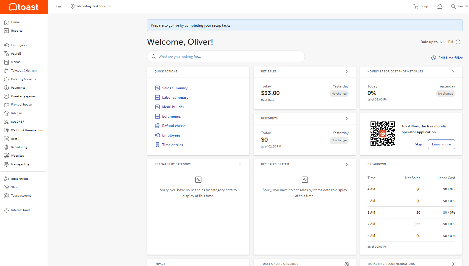 Toast's interface, showing the net sales made and a sales breakdown.