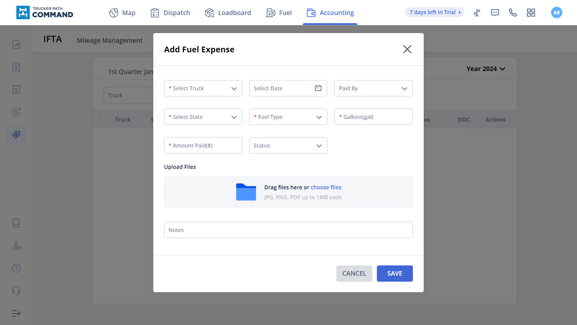 With Trucker Path's software, you'll need to add each fuel expense manually, listing the state purchased in, gallons bought, and cash spent.