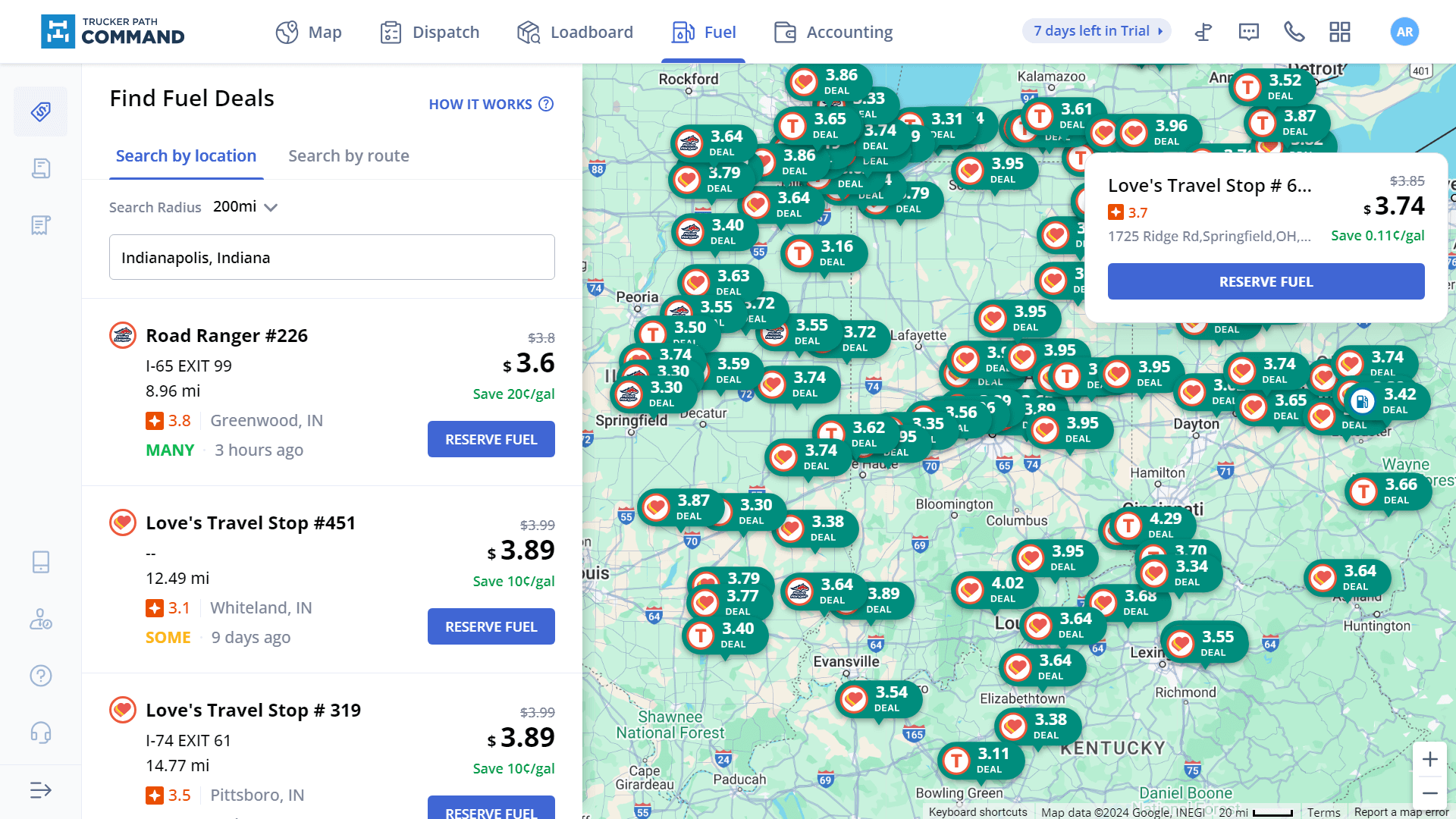 Trucker Path's fuel map includes all the nearby fuelling locations and deals they offer.