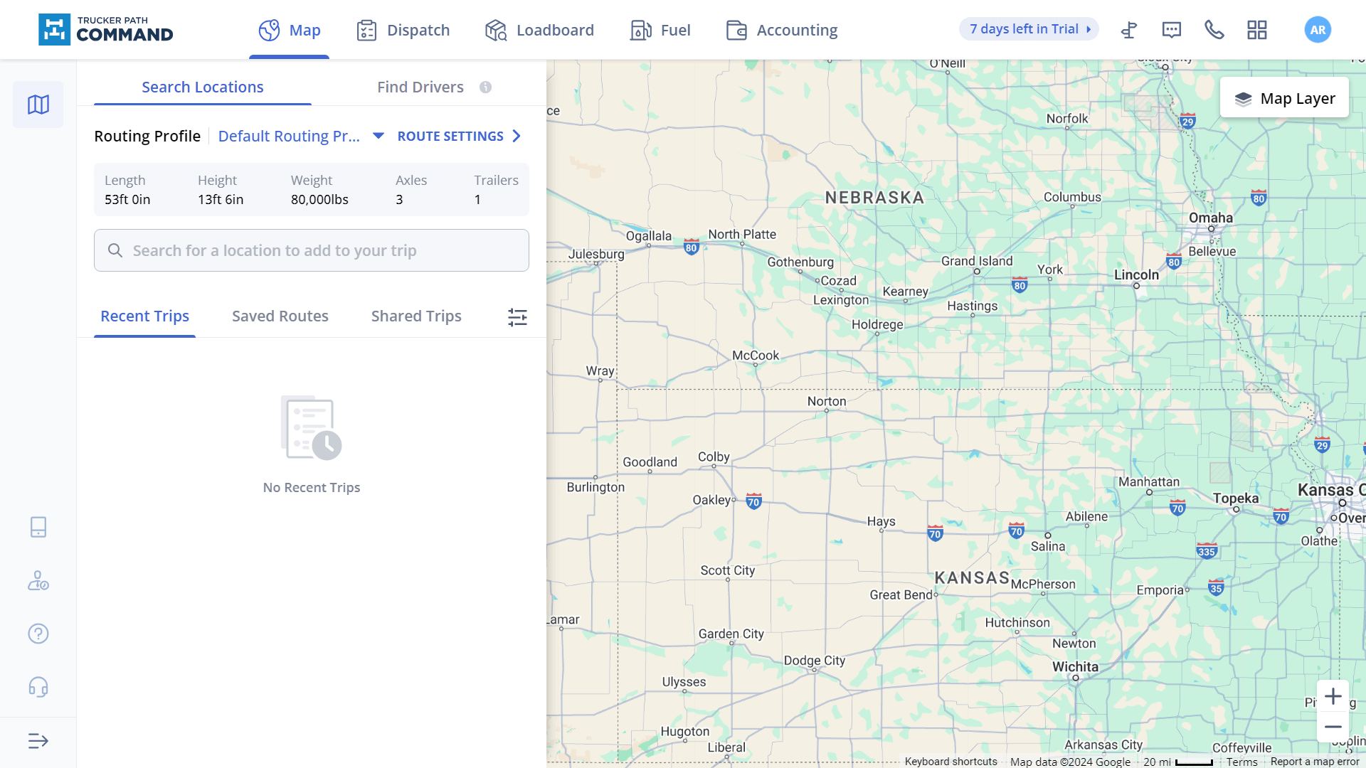 Trucker Path's live map lets users find drivers by status or by searching directly for them by name.