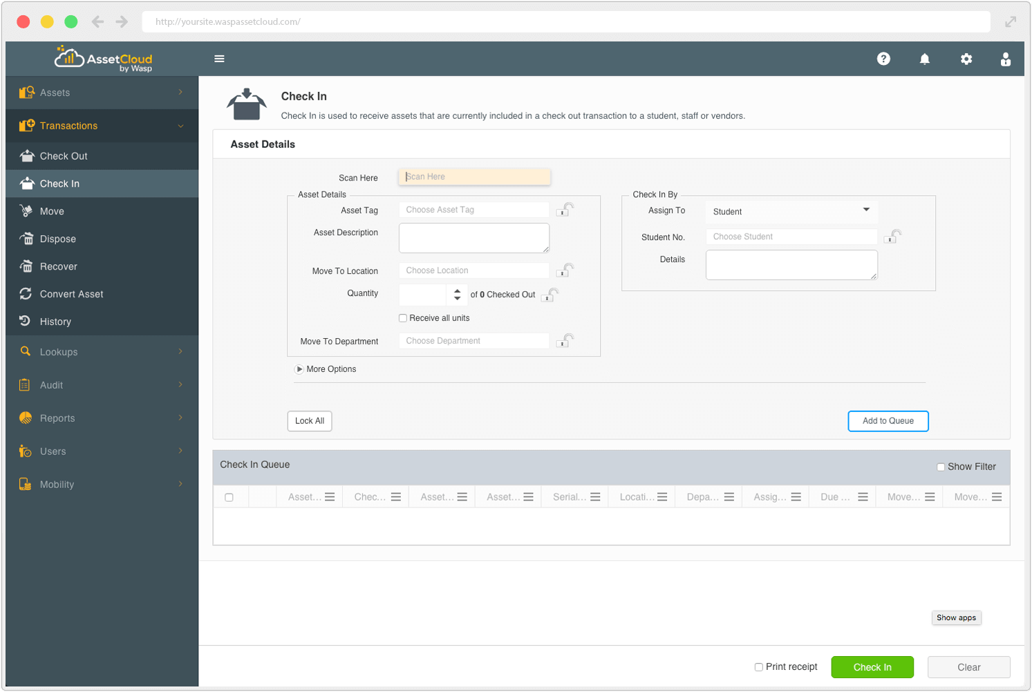 Wasp Asset Tracking: Check-in