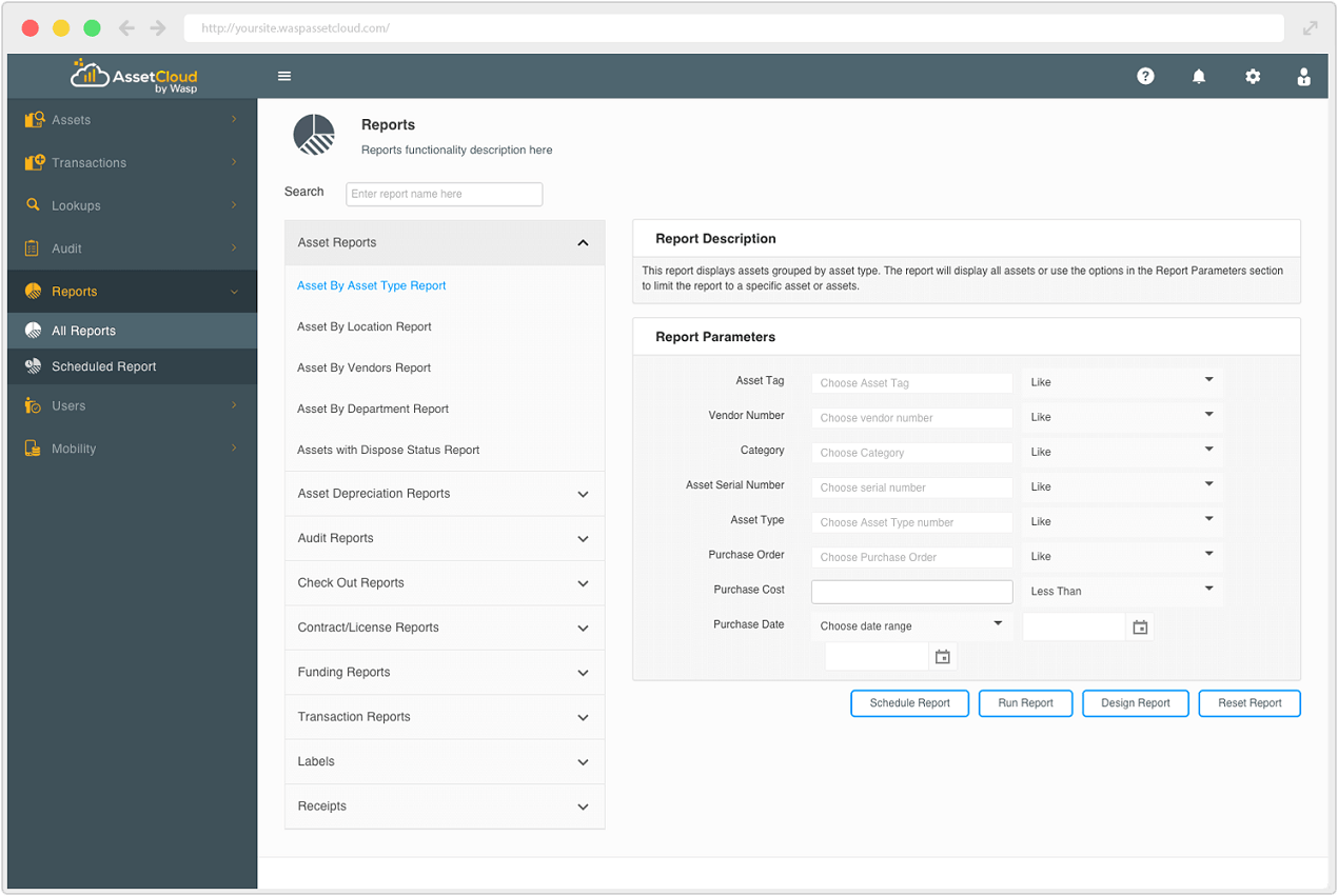 The reports section of Wasp AssetCloud