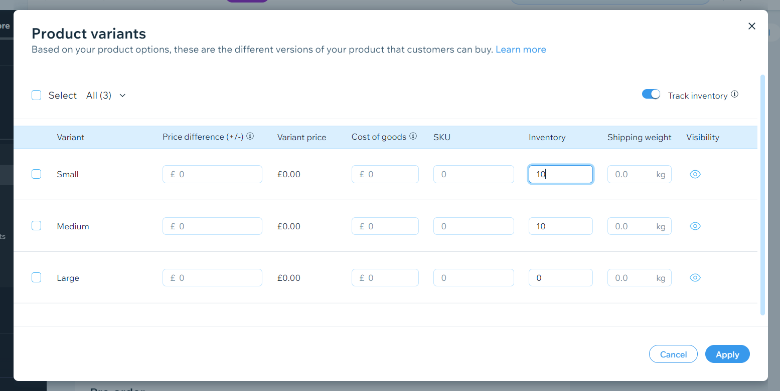 Wix Product Variants