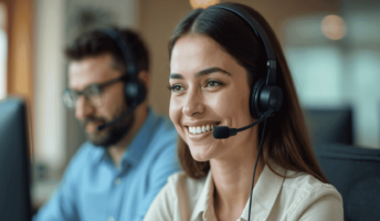 A woman takes a call in a call center.