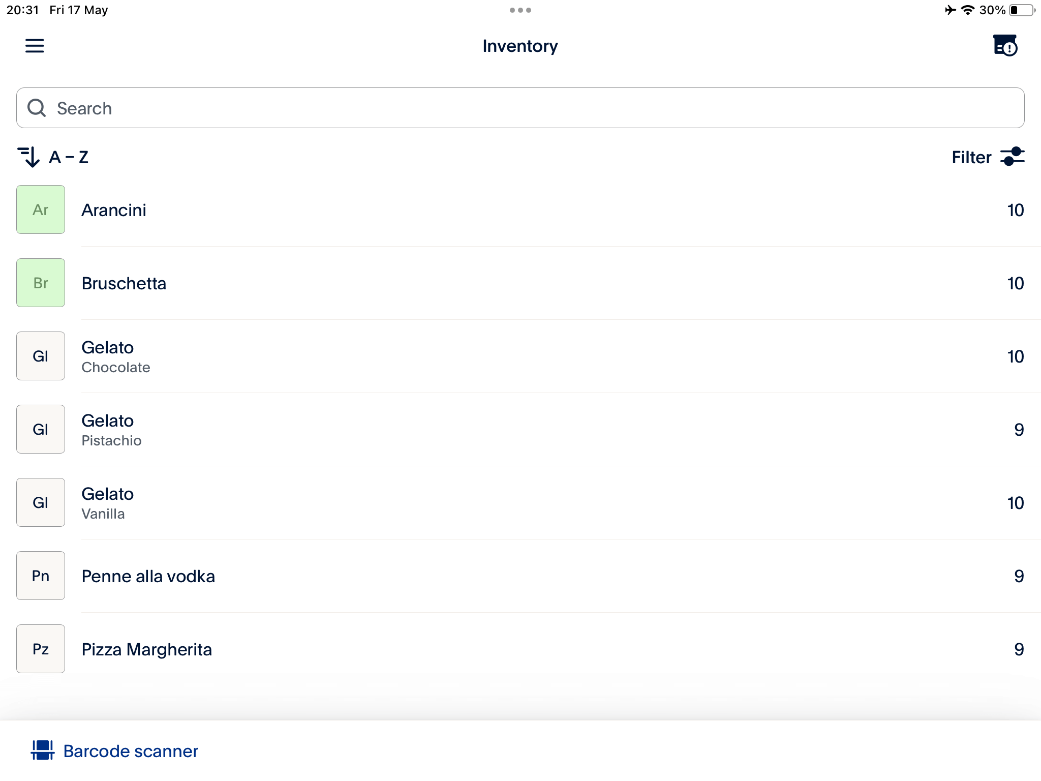 The Zettle POS Inventory screen.