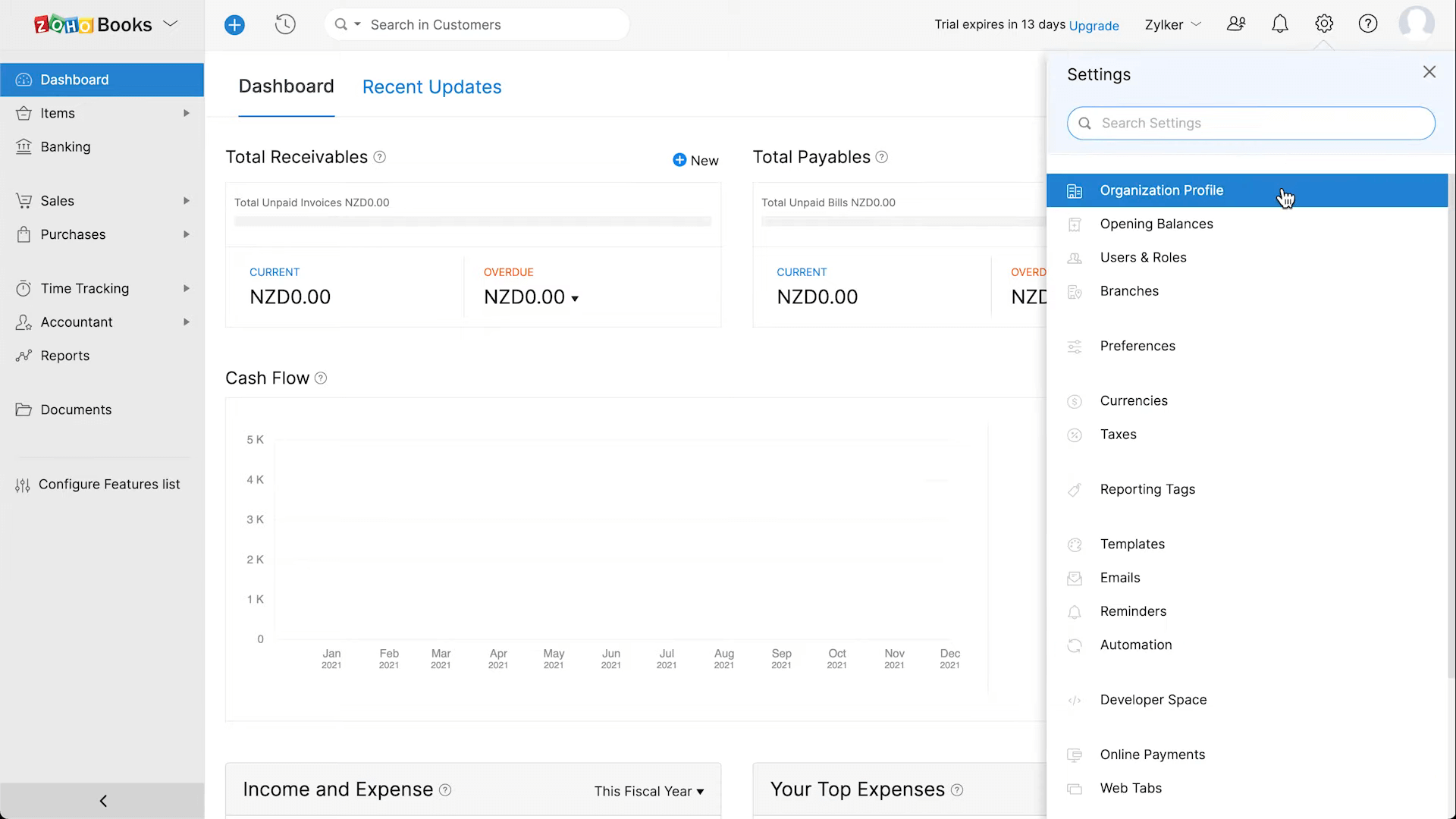 Zoho Books: dashboard settings