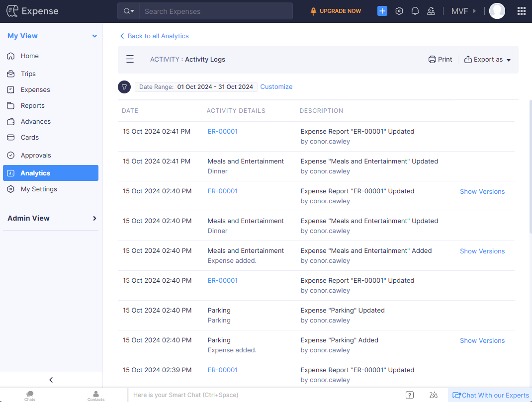 Zoho Expense Activity Log