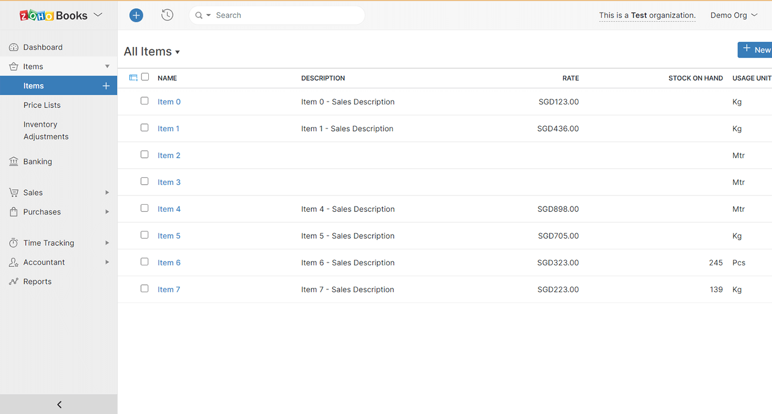 zoho books items inventory