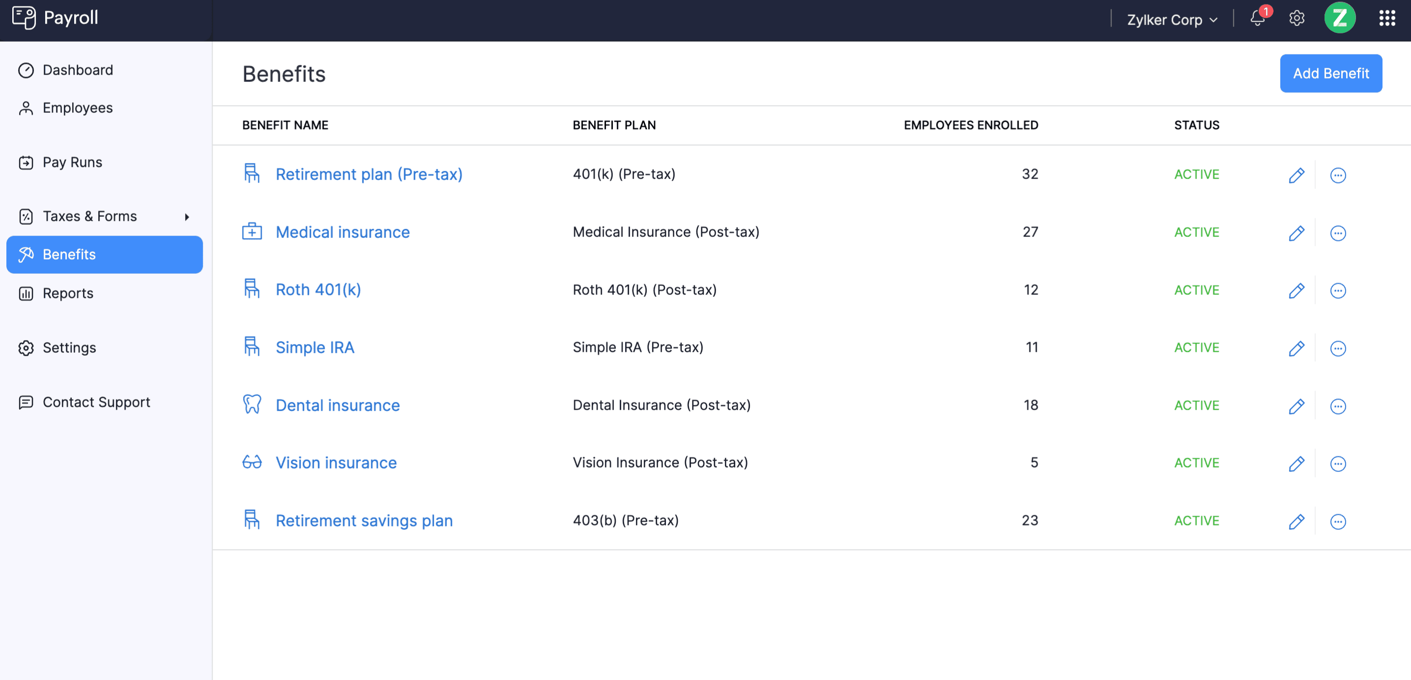 Zoho Payroll Benefits Management